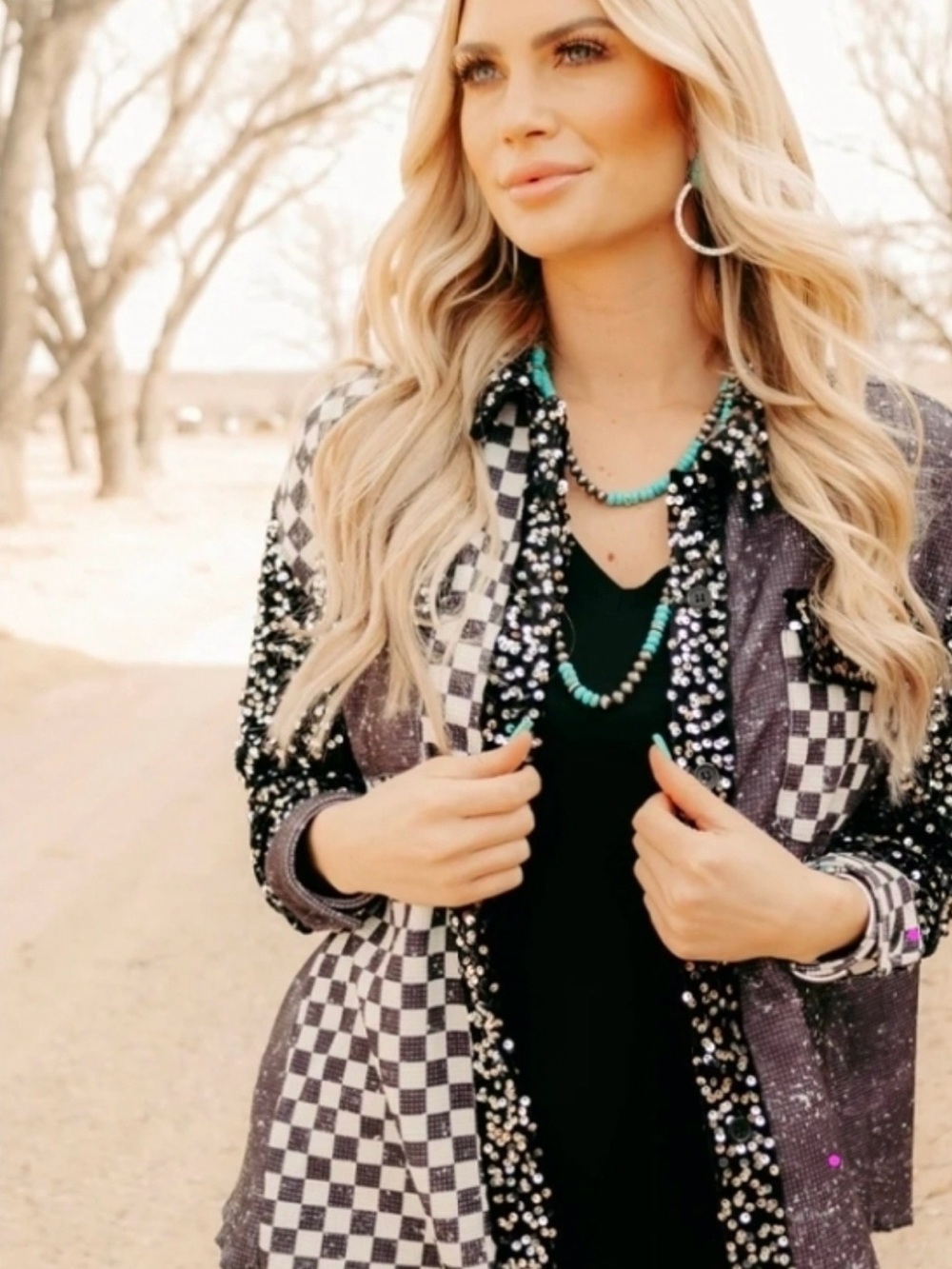 Black & Gray Checkered Sequin Jean Jacket